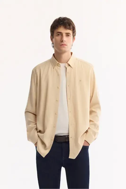 Beige Button-Down Collar Comfort Fit Tencel Shirt B002001 - 1