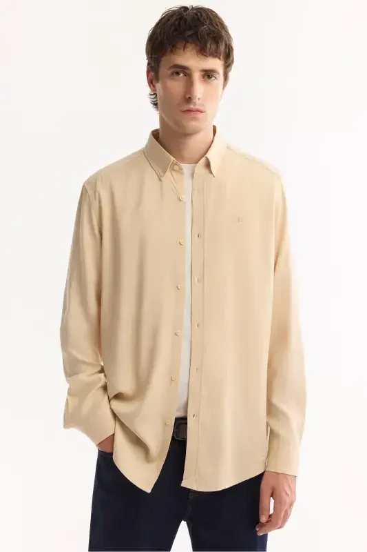 Beige Button-Down Collar Comfort Fit Tencel Shirt B002001 - 2