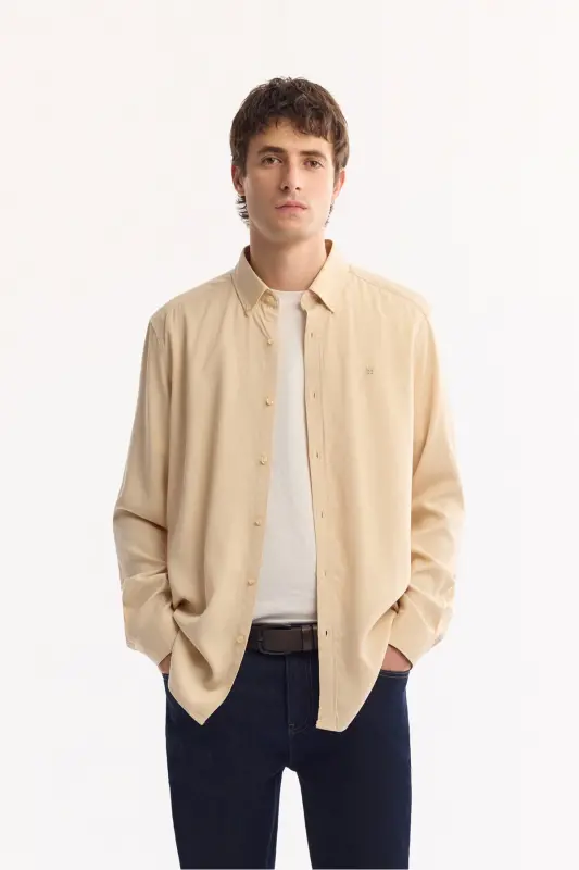 Beige Button-Down Collar Comfort Fit Tencel Shirt B002001 - 1