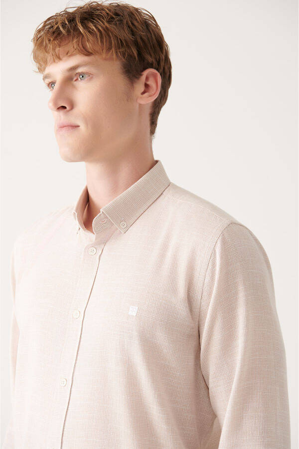 Beige, button-down collar, cotton, easy-iron, regular fit men's shirt. - 7