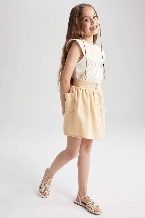 Beige Buttoned Cotton Skirt for Girls - 1