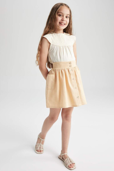 Beige Buttoned Cotton Skirt for Girls - 4