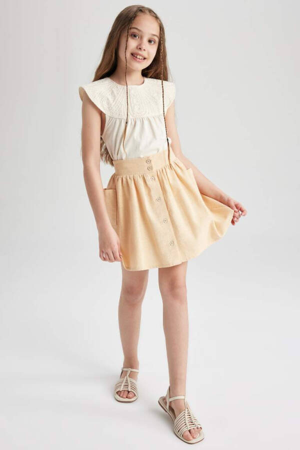 Beige Buttoned Cotton Skirt for Girls - 5