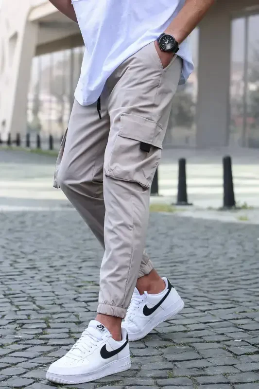 Beige Cargo Pocket Men's Jogger Pants 5461-Beige - MADMEXT