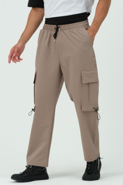 Beige Cargo Pocket Parachute Jogger Pants with Stopper - 7