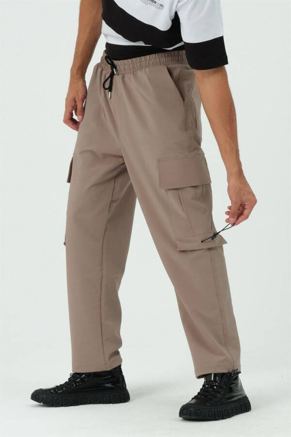 Beige Cargo Pocket Parachute Jogger Pants with Stopper - 11