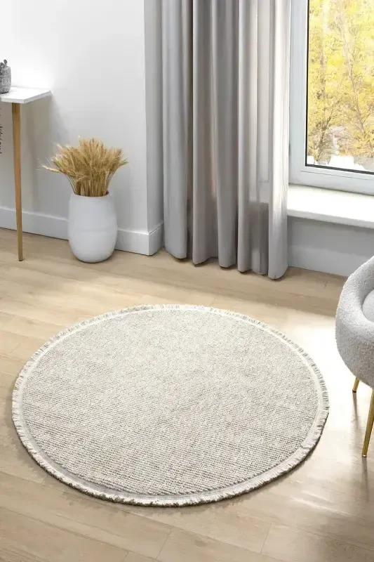 Beige Circle Round Fringed Modern Woven Rug BEIGE CIRCLE-Beige 3 - 2