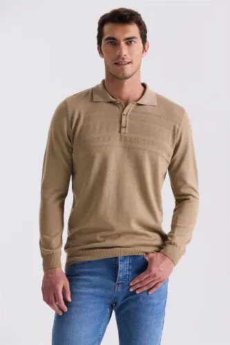 Beige Classic Fit Button Detail Polo Collar Knit Sweater - Modazone