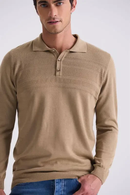 Beige Classic Fit Button Detail Polo Collar Knit Sweater - 3