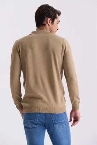 Beige Classic Fit Button Detail Polo Collar Knit Sweater - 4