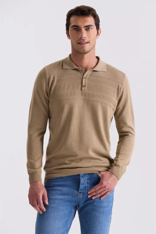 Beige Classic Fit Button Detailed Polo Neck Knitted Sweater - JAKAMEN
