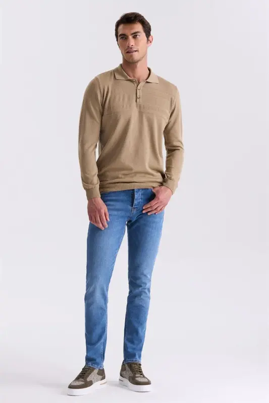 Beige Classic Fit Button Detailed Polo Neck Knitted Sweater - 2