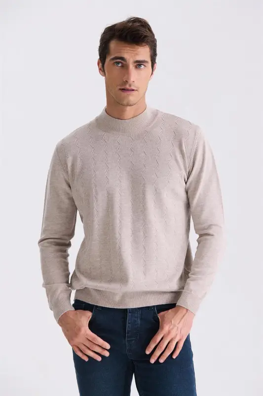 Beige Classic Fit Patterned Half Mock Neck Knitted Sweater - JAKAMEN