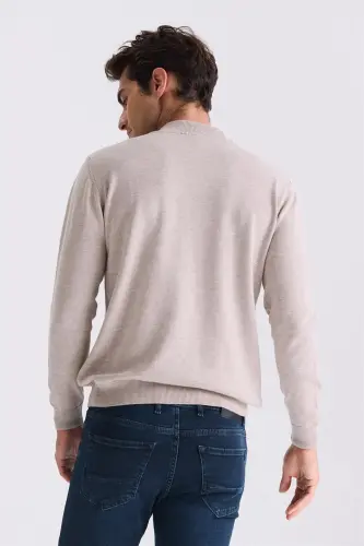 Beige Classic Fit Patterned Half Mock Neck Knitted Sweater - 4