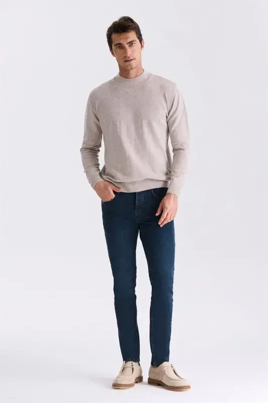Beige Classic Fit Patterned Half Mock Neck Knitted Sweater - 2