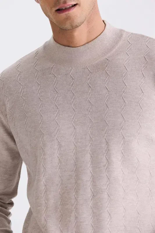Beige Classic Fit Patterned Half Mock Neck Knitted Sweater - 3