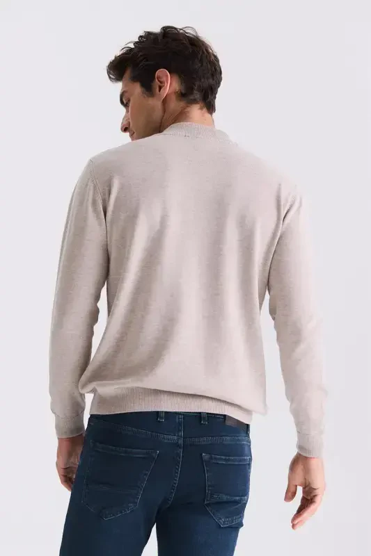 Beige Classic Fit Patterned Half Mock Neck Knitted Sweater - 4