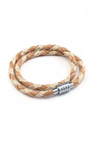 Beige Coffee Genuine Leather Magnetic Clasp Braided Bracelet-Beige Coffee 