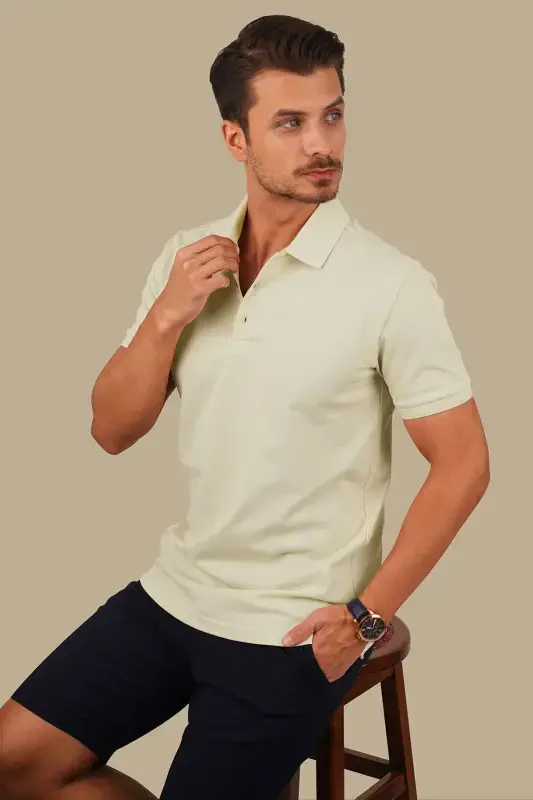 Beige Collar Patterned Men's Polo Neck T-Shirt-Beige - 3