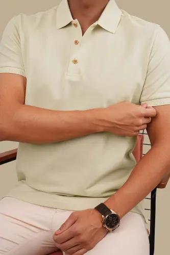 Beige Collar Patterned Men's Polo Neck T-Shirt-Beige - 6