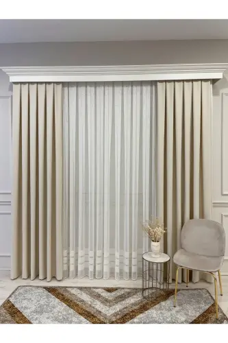 Beige Color - Linen Look 1/3 Tight Pleated Curtain-Beige - 3