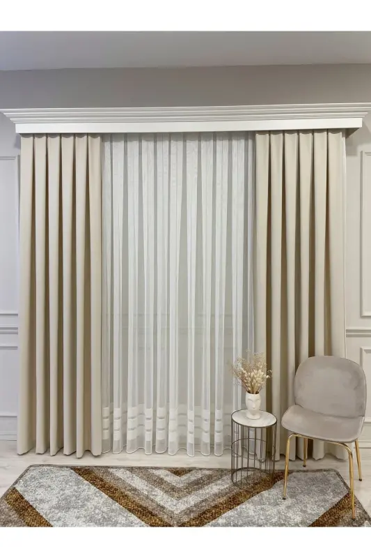 Beige Color - Linen Look 1/3 Tight Pleated Curtain-Beige - 3
