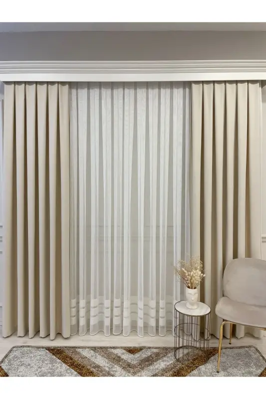 Beige Color - Linen Look 1/3 Tight Pleated Curtain-Beige - 4