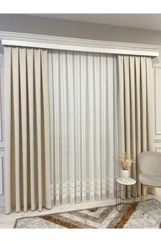 Beige Color - Linen Look 1/3 Tight Pleated Curtain-Beige - 5