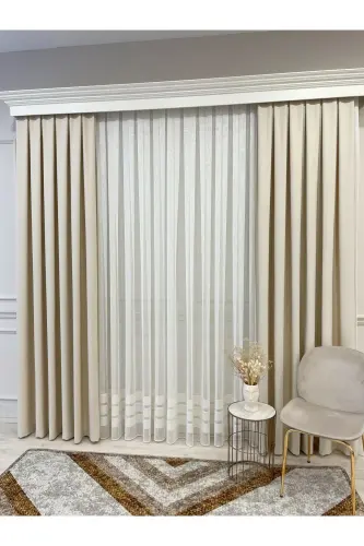 Beige Color - Linen Look 1/3 Tight Pleated Curtain-Beige - 6