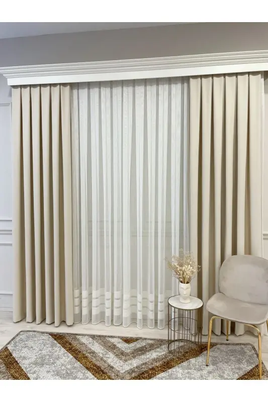Beige Color - Linen Look 1/3 Tight Pleated Curtain-Beige - 6