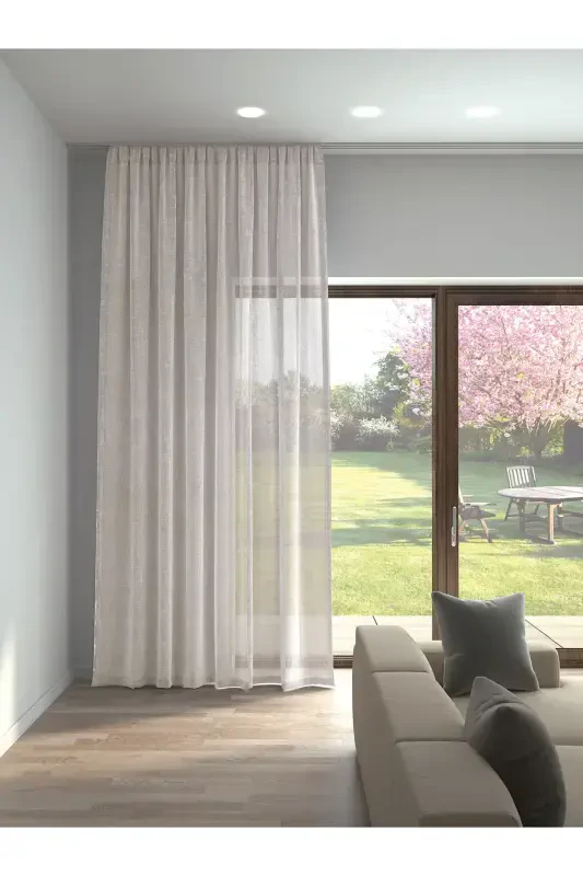 Beige Color Linen Look Plain Tulle Curtain No Ironing Needed-BEIGE - 1