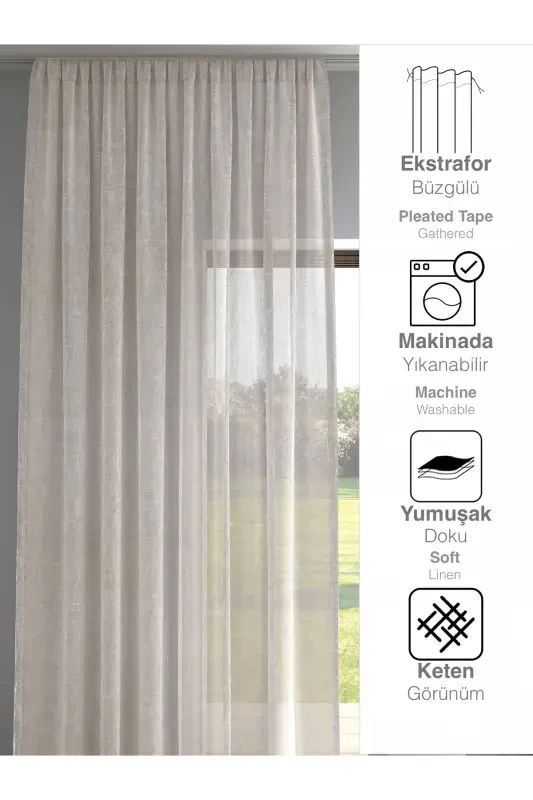Beige Color Linen Look Plain Tulle Curtain No Ironing Needed-BEIGE - 3