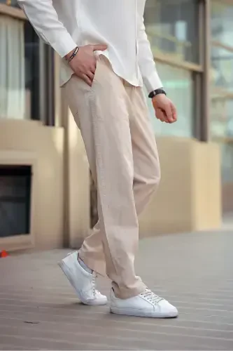 Beige Color Men's Summer Linen Blend Relaxed Trousers Beige-Beige - COMBİNE MİCHAİL (1)
