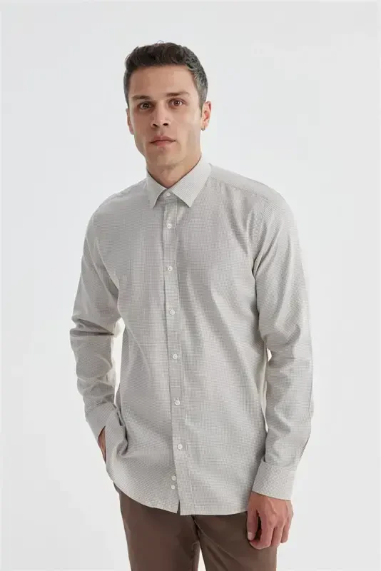 Beige Comfort Fit 100% Cotton Pique Square Shirt - 2