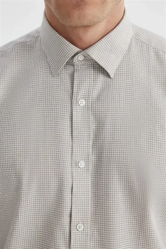 Beige Comfort Fit 100% Cotton Pique Square Shirt - 3