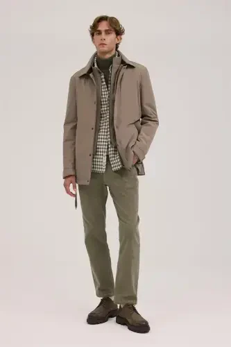 Beige Comfort Fit Baby Collar Belted Coat - 2