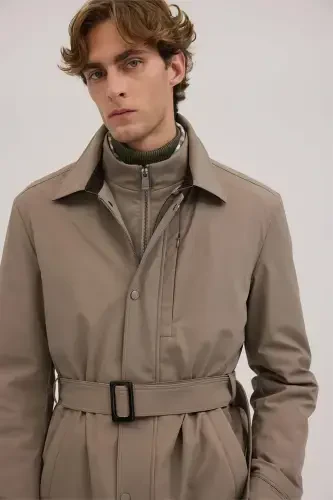 Beige Comfort Fit Baby Collar Belted Coat - 3