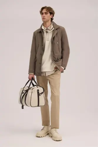 Beige Comfort Fit Baby Collar Zippered Jacket 