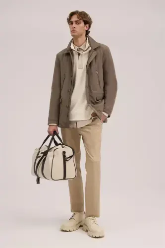 Beige Comfort Fit Baby Collar Zippered Jacket - 1