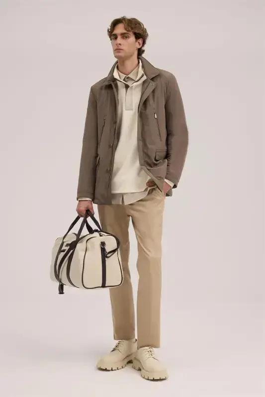 Beige Comfort Fit Baby Collar Zippered Jacket - JAKAMEN