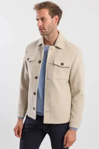 Beige Comfort Fit Baby Neckline Wool Coat - 3