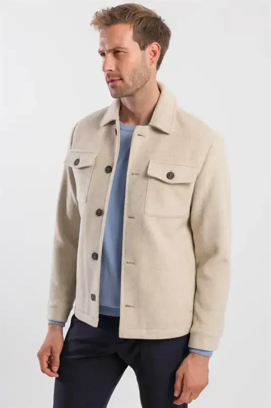 Beige Comfort Fit Baby Neckline Wool Coat - 3