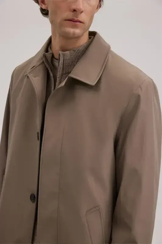 Beige Comfort Fit Berber Collar Hidden Button Down Jacket - 3