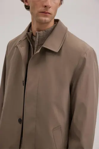 Beige Comfort Fit Berber Collar Hidden Button Down Jacket - 3