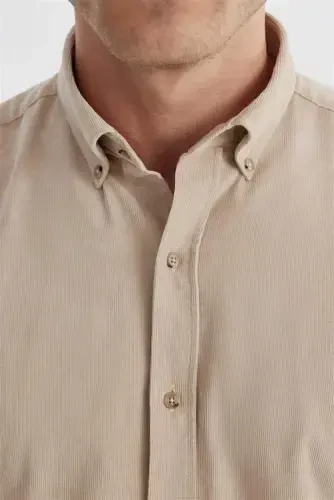 Beige Comfort Fit Button Down 100% Cotton Corduroy Shirt 
