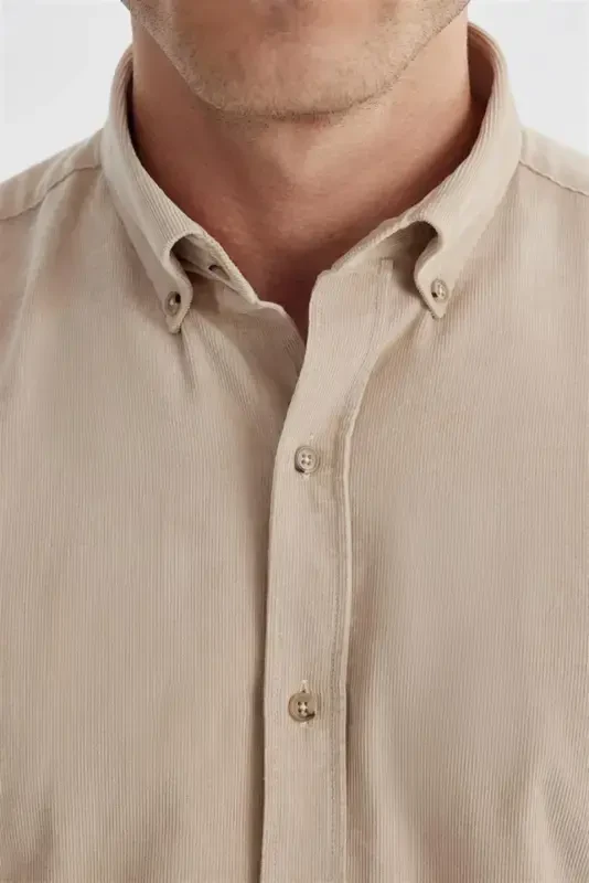 Beige Comfort Fit Button Down 100% Cotton Corduroy Shirt - JAKAMEN