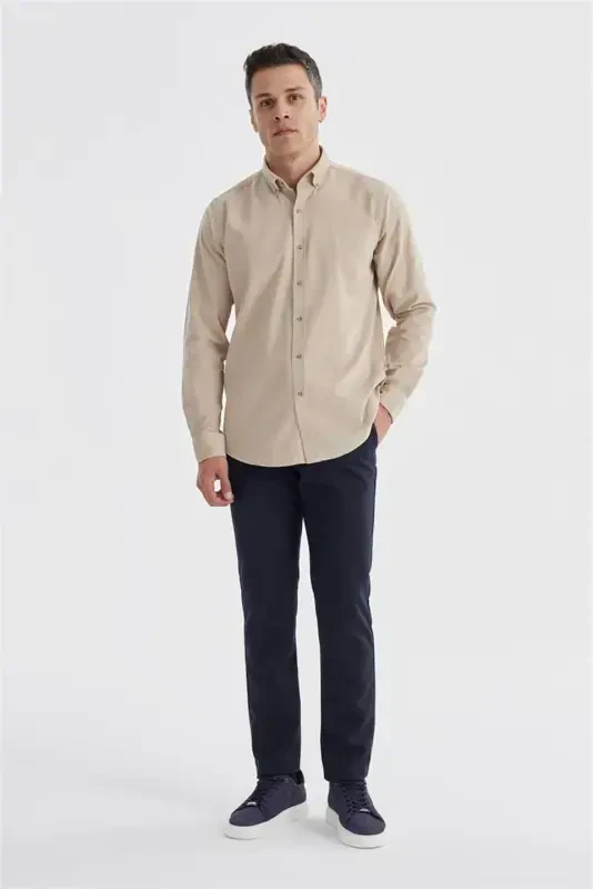 Beige Comfort Fit Button Down 100% Cotton Corduroy Shirt - 2