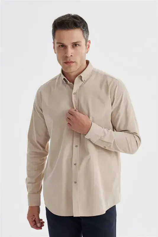 Beige Comfort Fit Button Down 100% Cotton Corduroy Shirt - 3