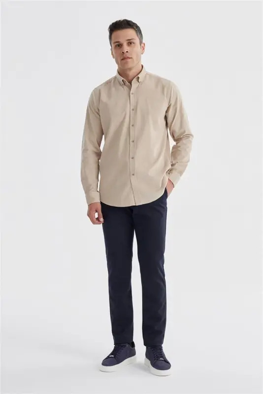 Beige Comfort Fit Button Down 100% Cotton Corduroy Shirt - 2