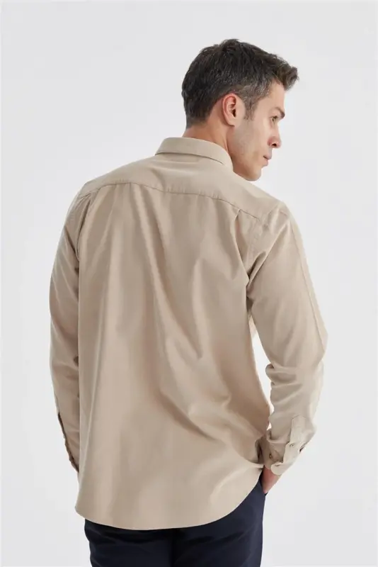 Beige Comfort Fit Button Down 100% Cotton Corduroy Shirt - 4